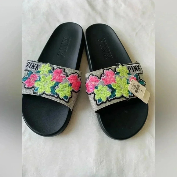 PINK VICTORIA’S SECRET BLING NEON FLORAL SLIPPER - Picture 2 of 5